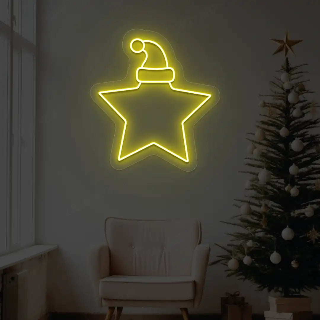 Santa Hat On Star Neon Sign | Yellow