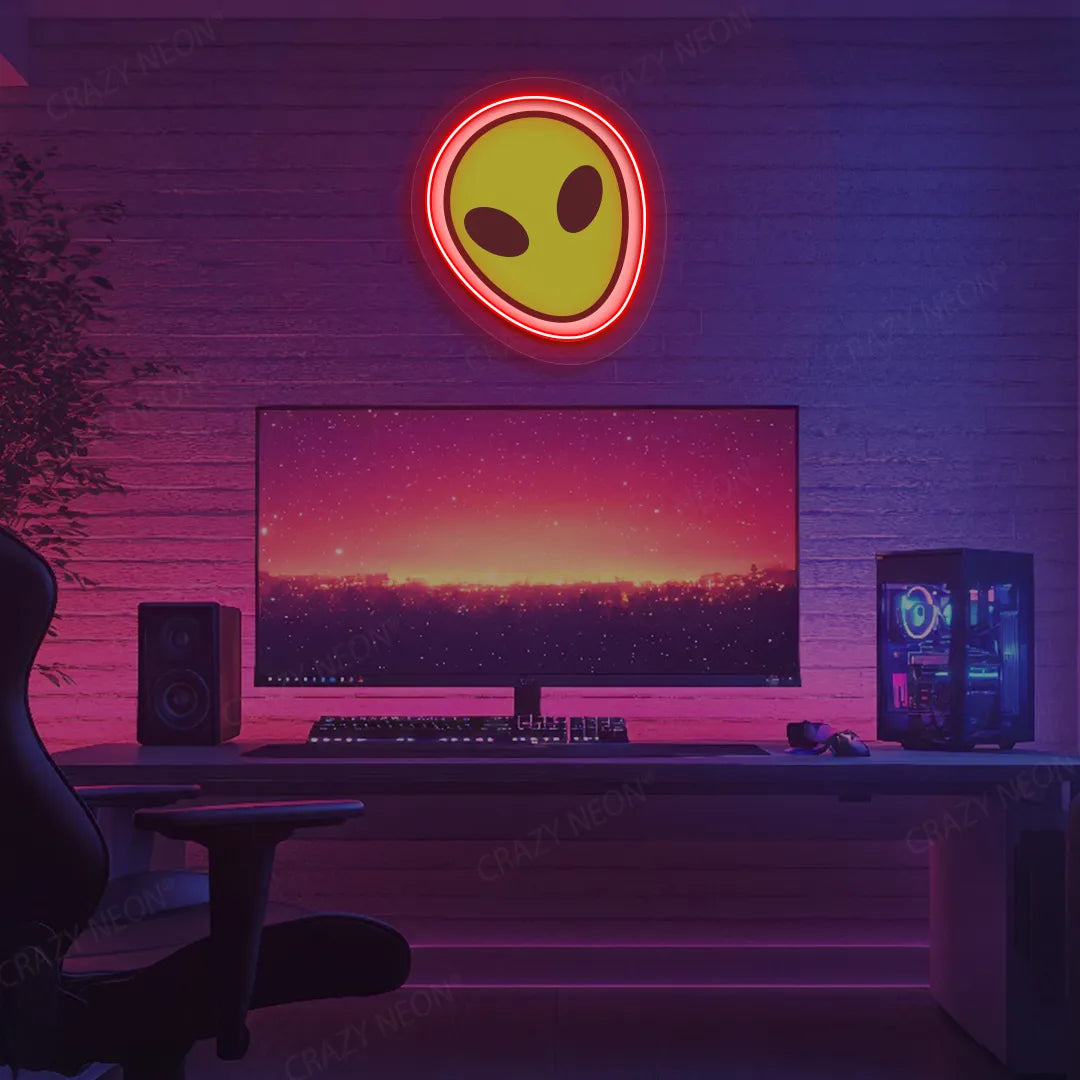 Alien Face Emoji Neon Artwork | Red