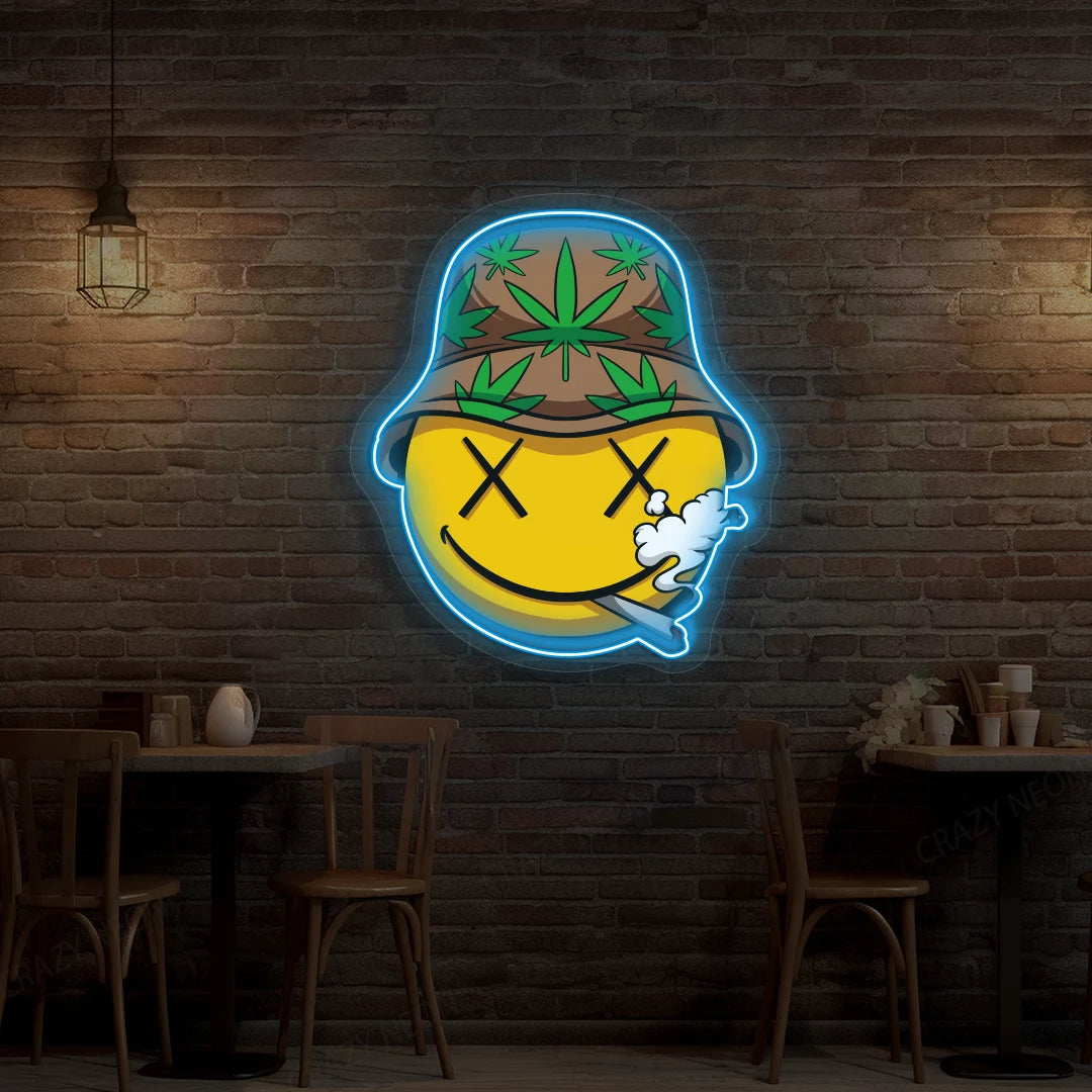 Smiley Stoner Weed Neon Artwork in iceblue color