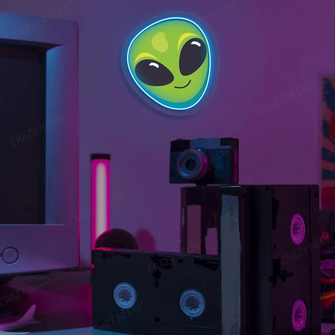 Alien Smiley Face Emoji Neon Artwork | Iceblue