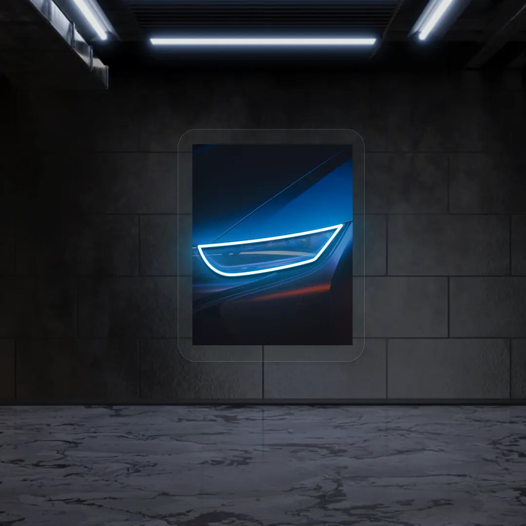 Sports Car Headlight Neon Artwork | Iceblue