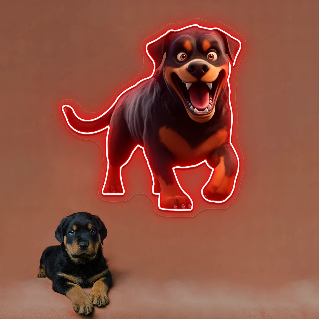 Playful Puppy Rottweiler Neon Artwork in red color