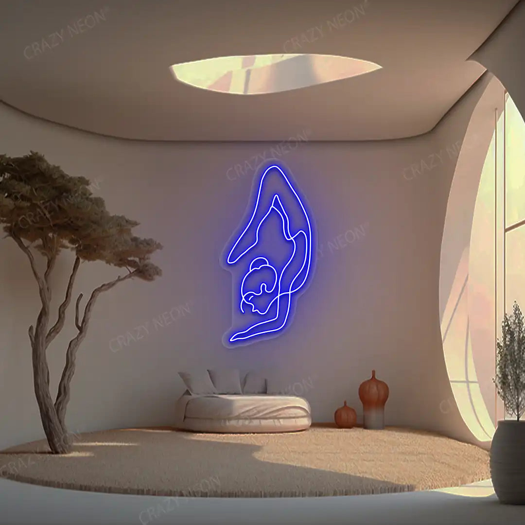 Purna Vrishchikasana Yoga Neon Sign glowing in blue color in a yoga room
