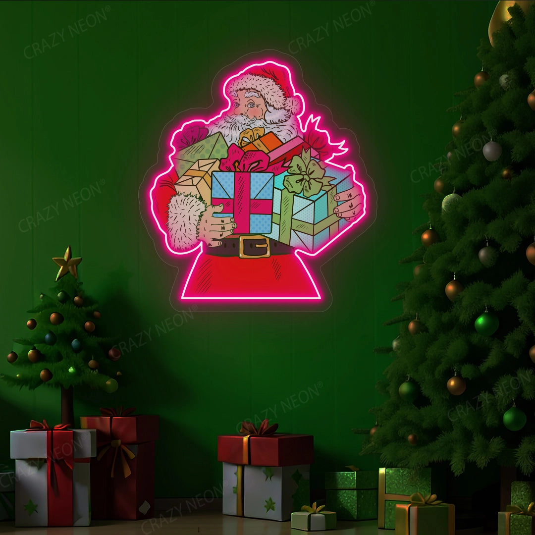 Santa Claus With Gift Neon Sign | Pink