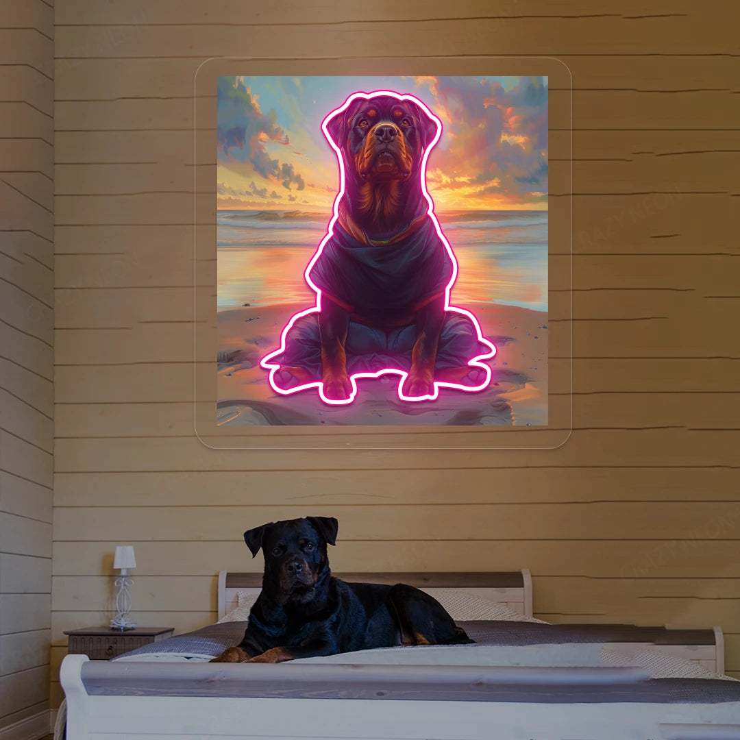 Sunset Beach Rottweiler Meditation Neon Artwork in pink Color