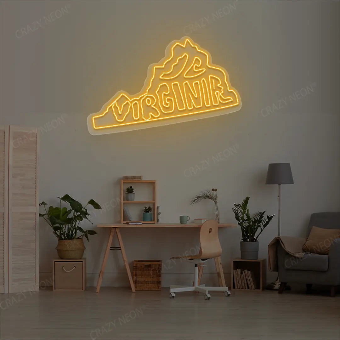VIRGINIA Map Neon Sign lighting up in orange color in a room