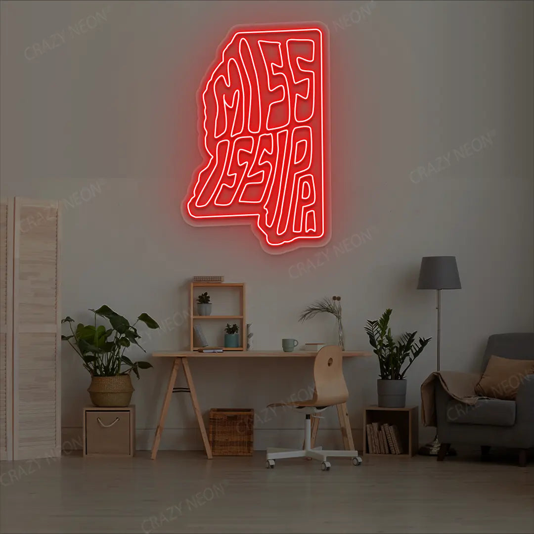 MISSISSIPPI Map Neon Sign lighting up in red color in a room