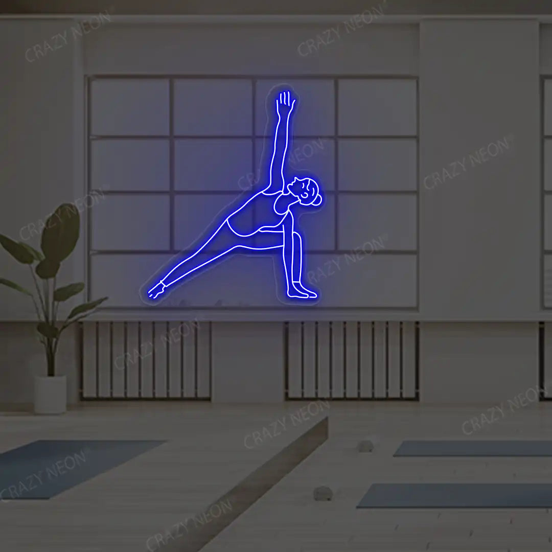 Utthita Parsvakonasana Yoga Neon Sign lighting up in blue color in a yoga room
