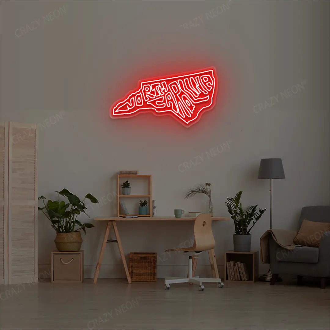 NORTH CAROLINA Map Neon Sign lighting up in red color in a room