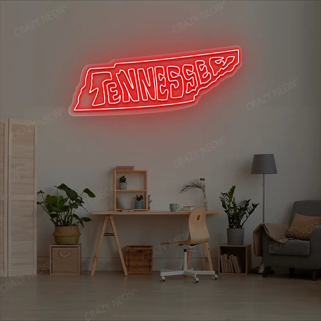 TENNESSEE Map Neon Sign lighting up in red color in a room