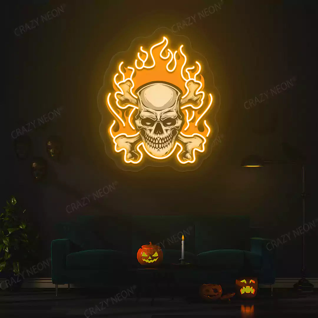 Flaming Skull Neon Artwork | Orange