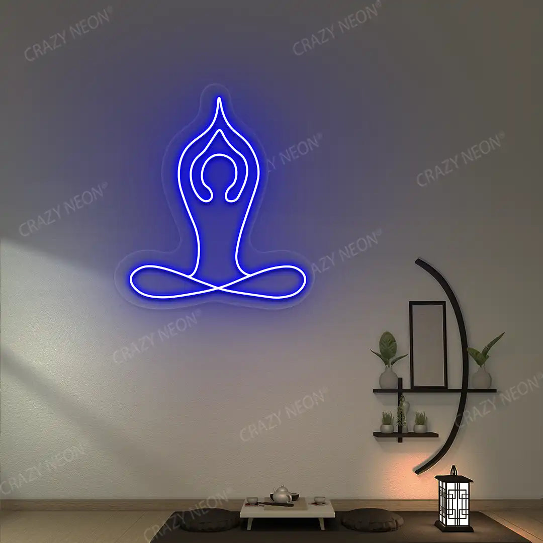 Padmasana With Raised Arms Yoga Neon Sign lighting up in blue color in a yoga room