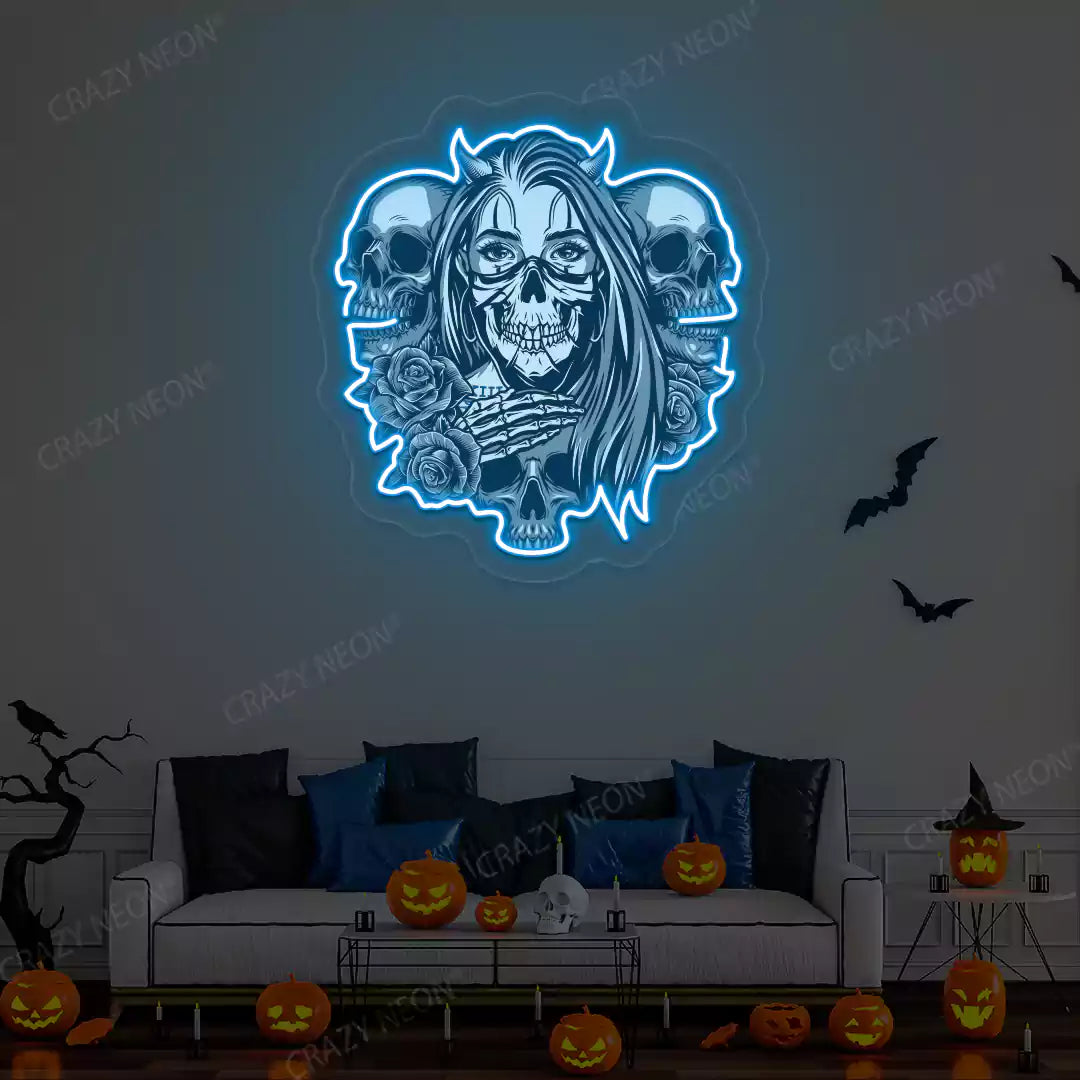 Gothic Skulls & Roses Neon Artwork | Iceblue