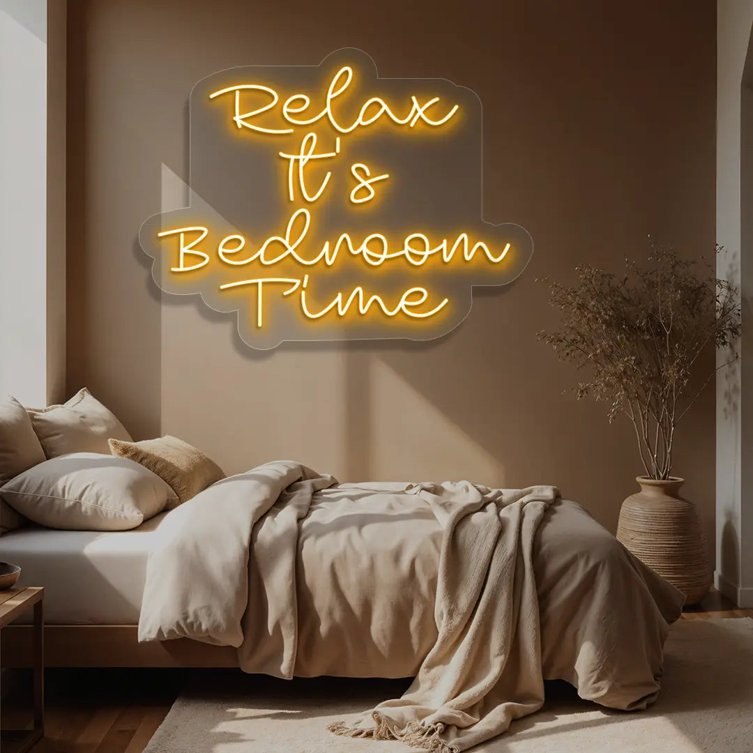 orange relax its bedroom time neon sign mounted on a wall