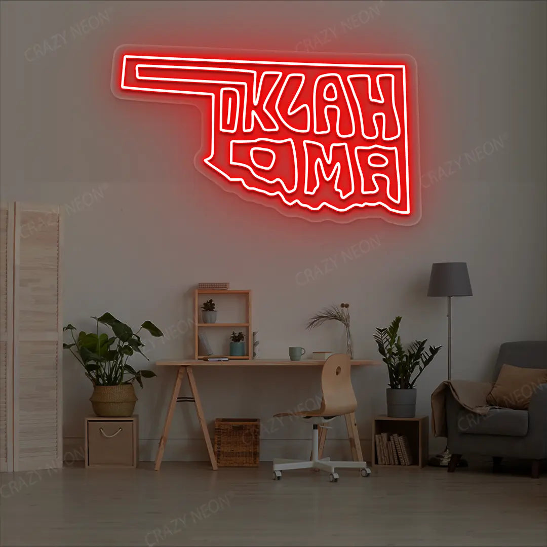 OKLAHOMA Map Neon Sign lighting up in red color in a room