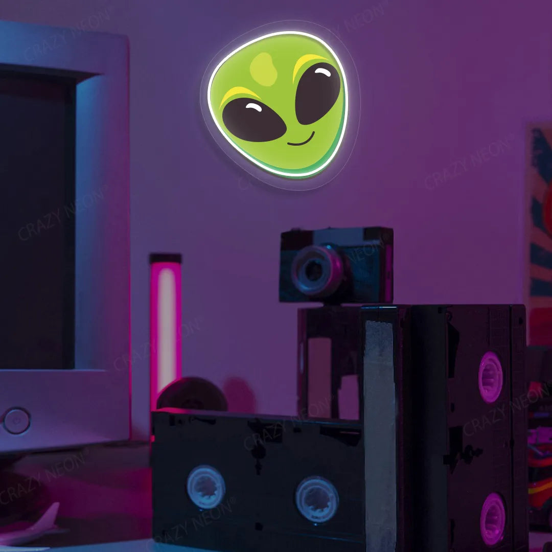 Alien Smiley Face Emoji Neon Artwork | White