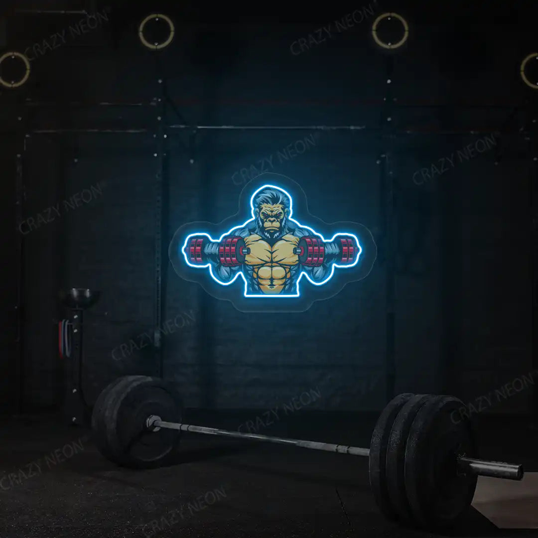 ice blue monkey workout gym neon artwork mounted on a wall