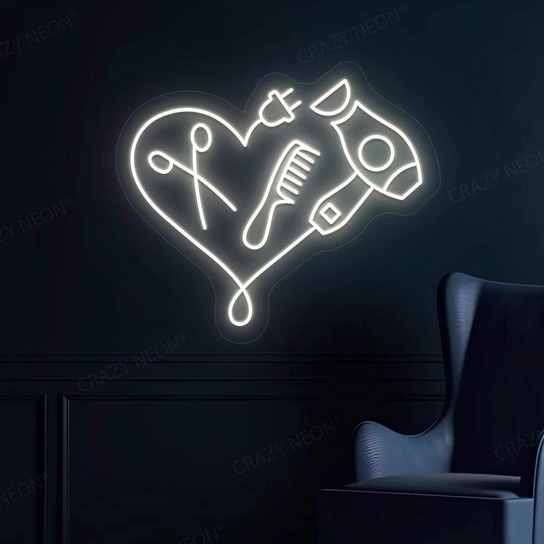 Hair Dryer Combs Clippers Heart Neon Sign |Warm White