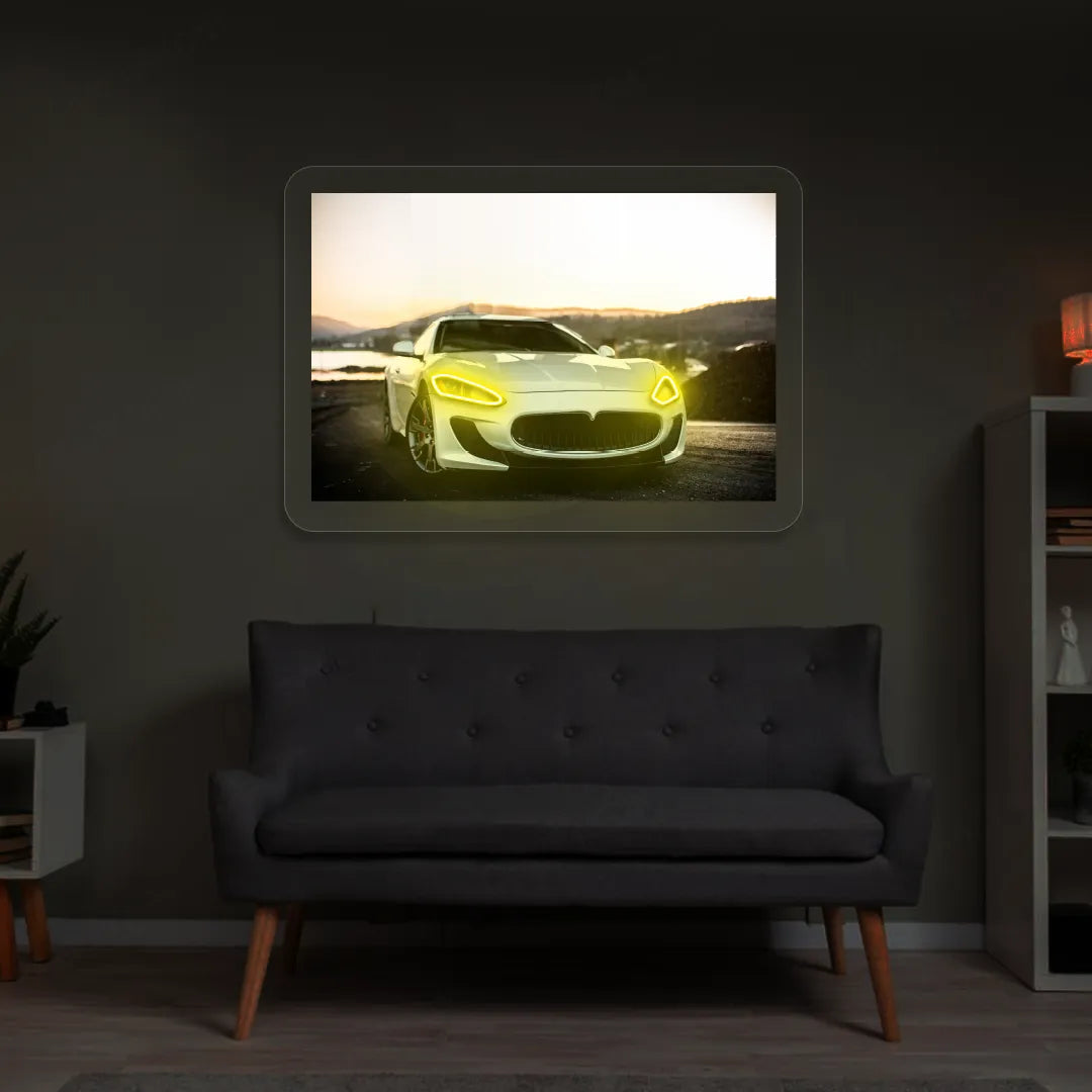 White Supercar Headlight Neon Artwork | Yellow