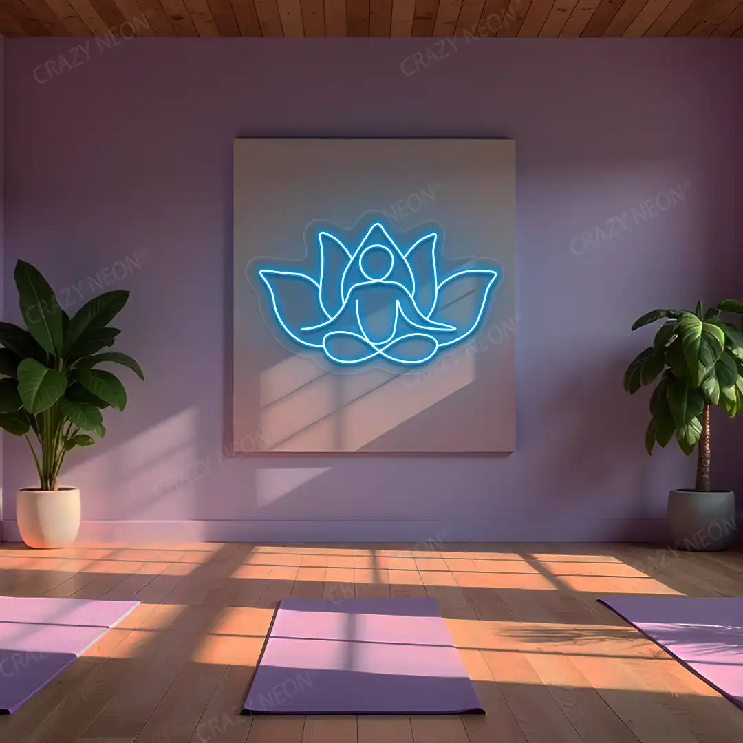 Lotus Meditation Neon Sign lighting up in iceblue color in a yoga room