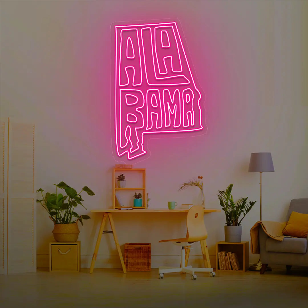 ALABAMA Map Neon Sign lighting up in pink color in a room