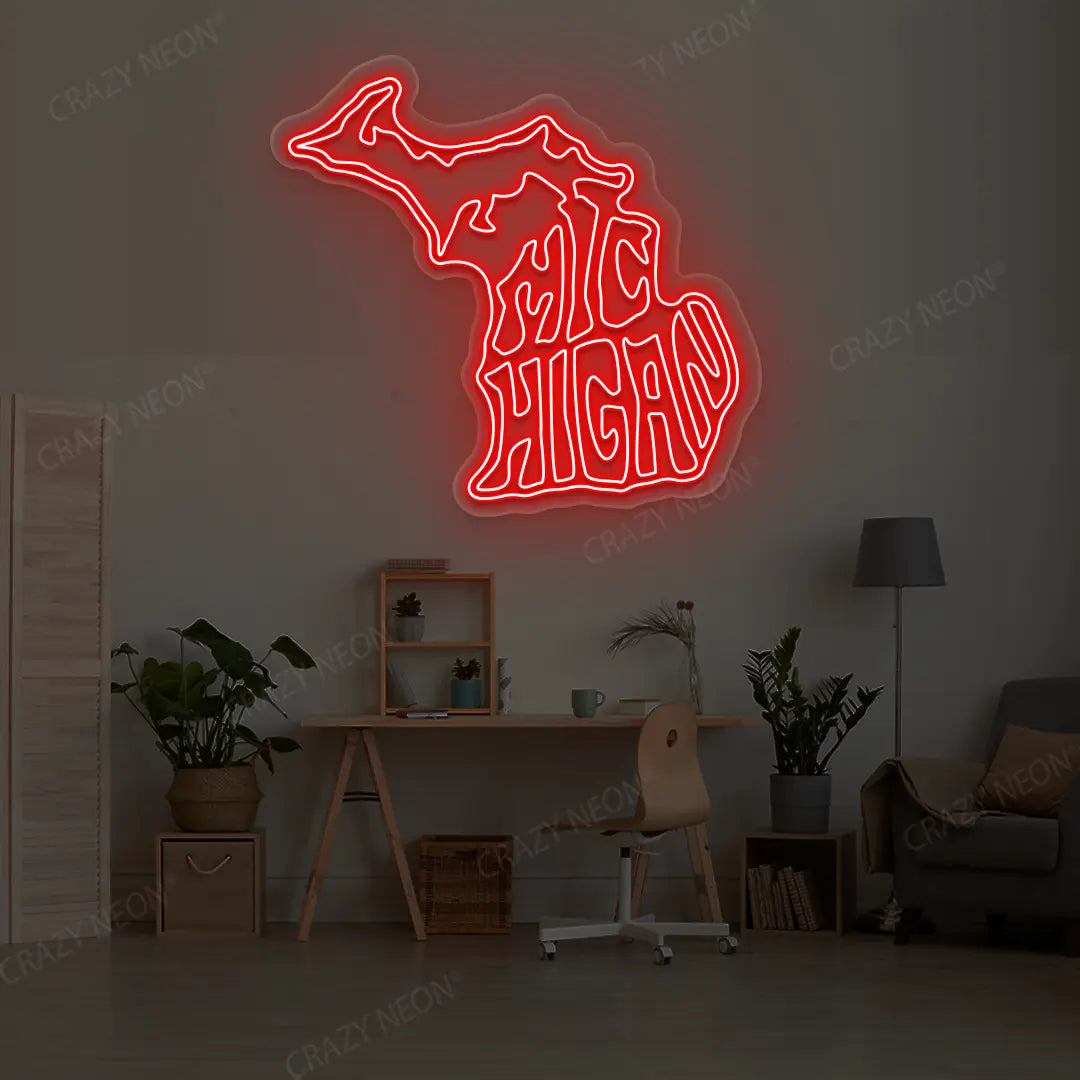 MICHIGAN Map Neon Sign lighting up in red color in a room