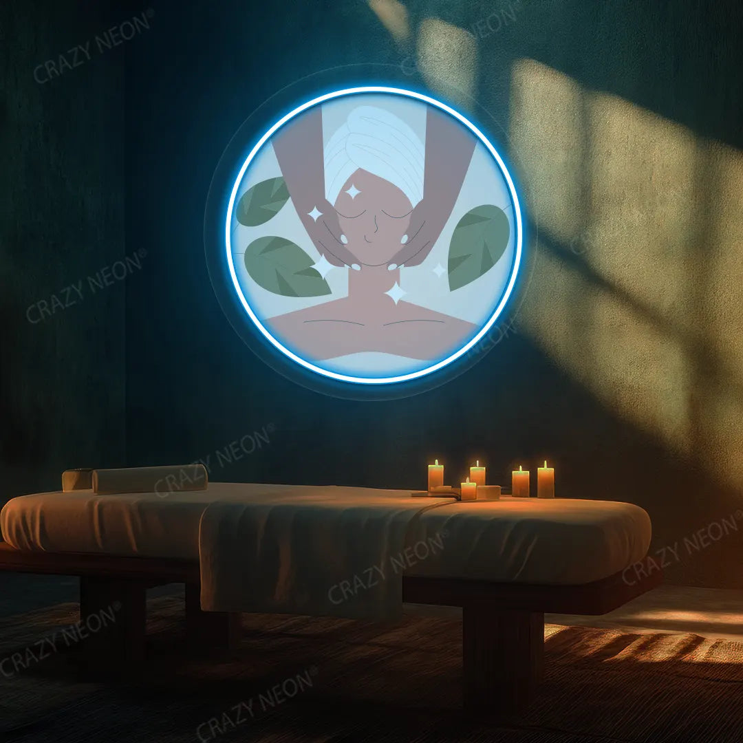 Facial Massage Neon Artwork lighting up in ice blue color on a spa wall