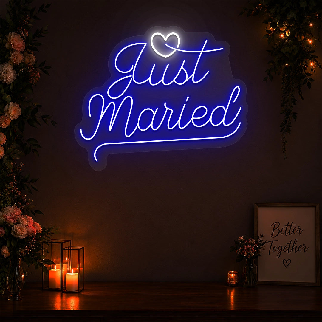 Just Married Vows Wedding Neon Sign in Blue color
