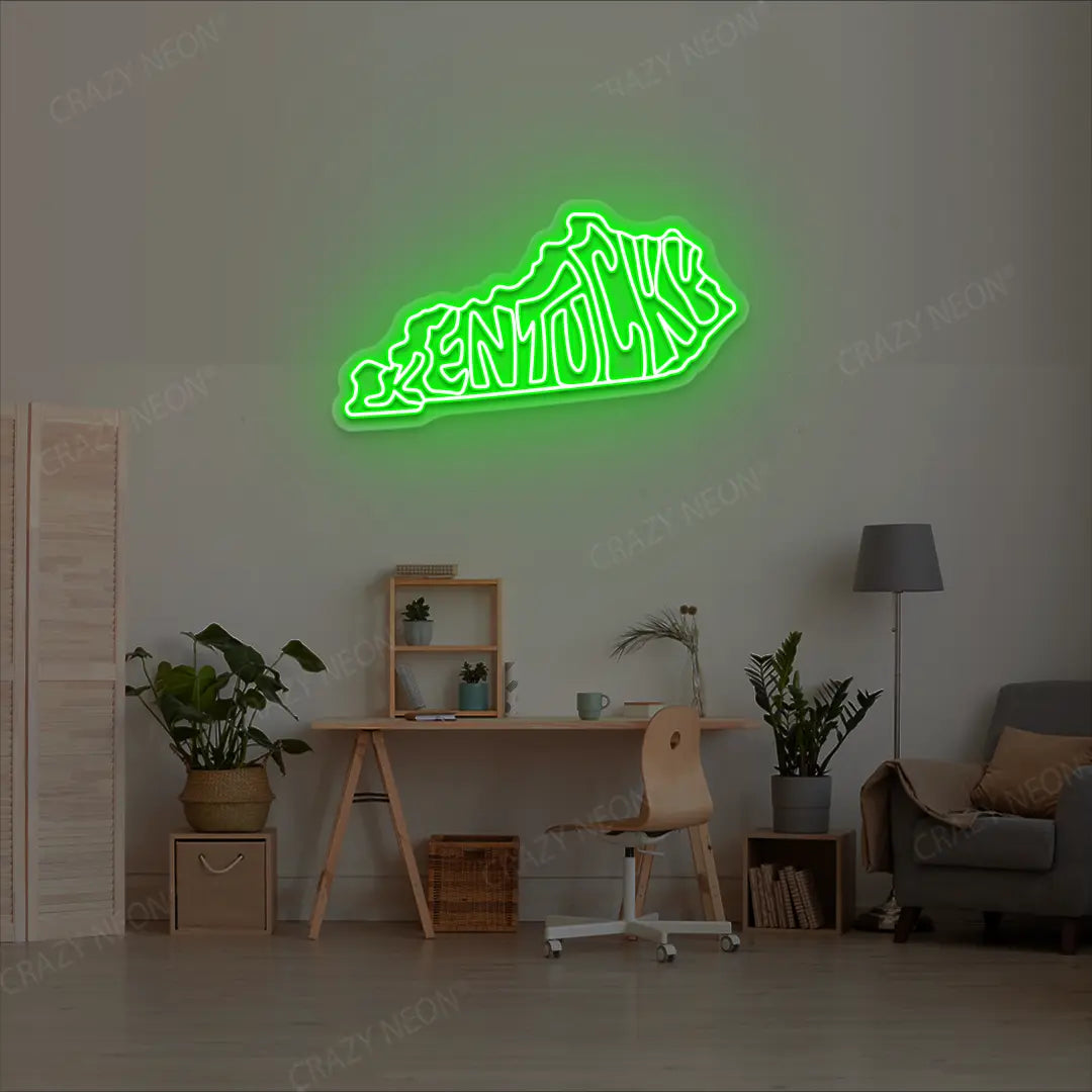 KENTUCKY Map Neon Sign lighting up in green color in a room