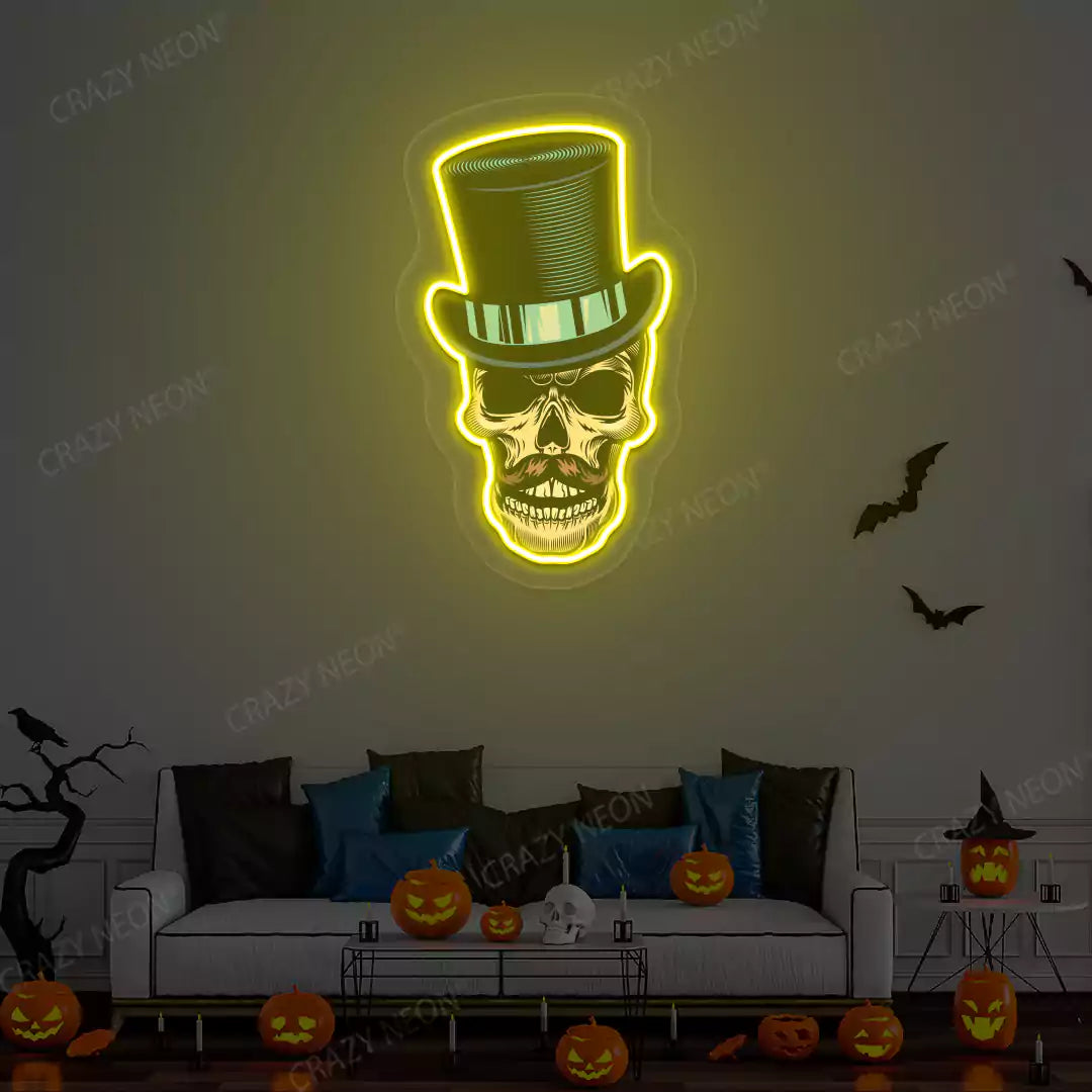 Top Hat Skull Neon Artwork | Yellow