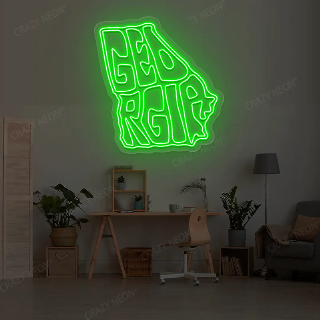 GEORGIA Map Neon Sign lighting up in green color in a room