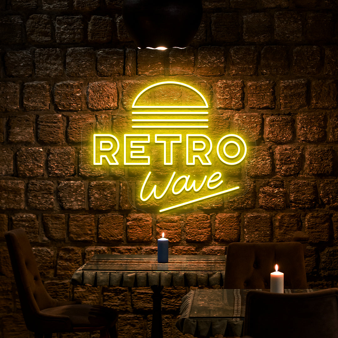 yellow retro wave vintage neon sign mounted on a wall