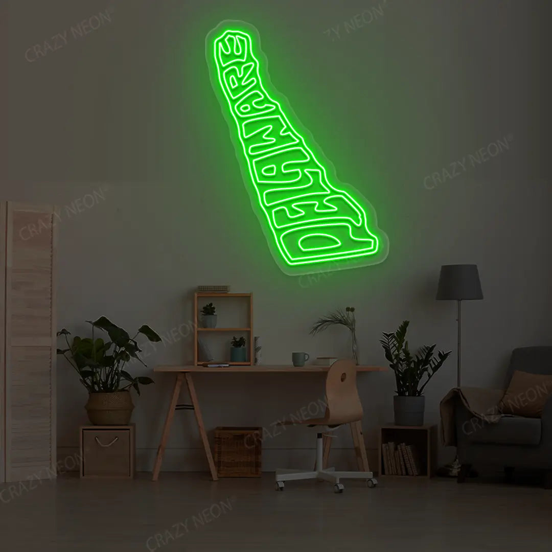 DELAWARE Map Neon Sign lighting up in green color in a room