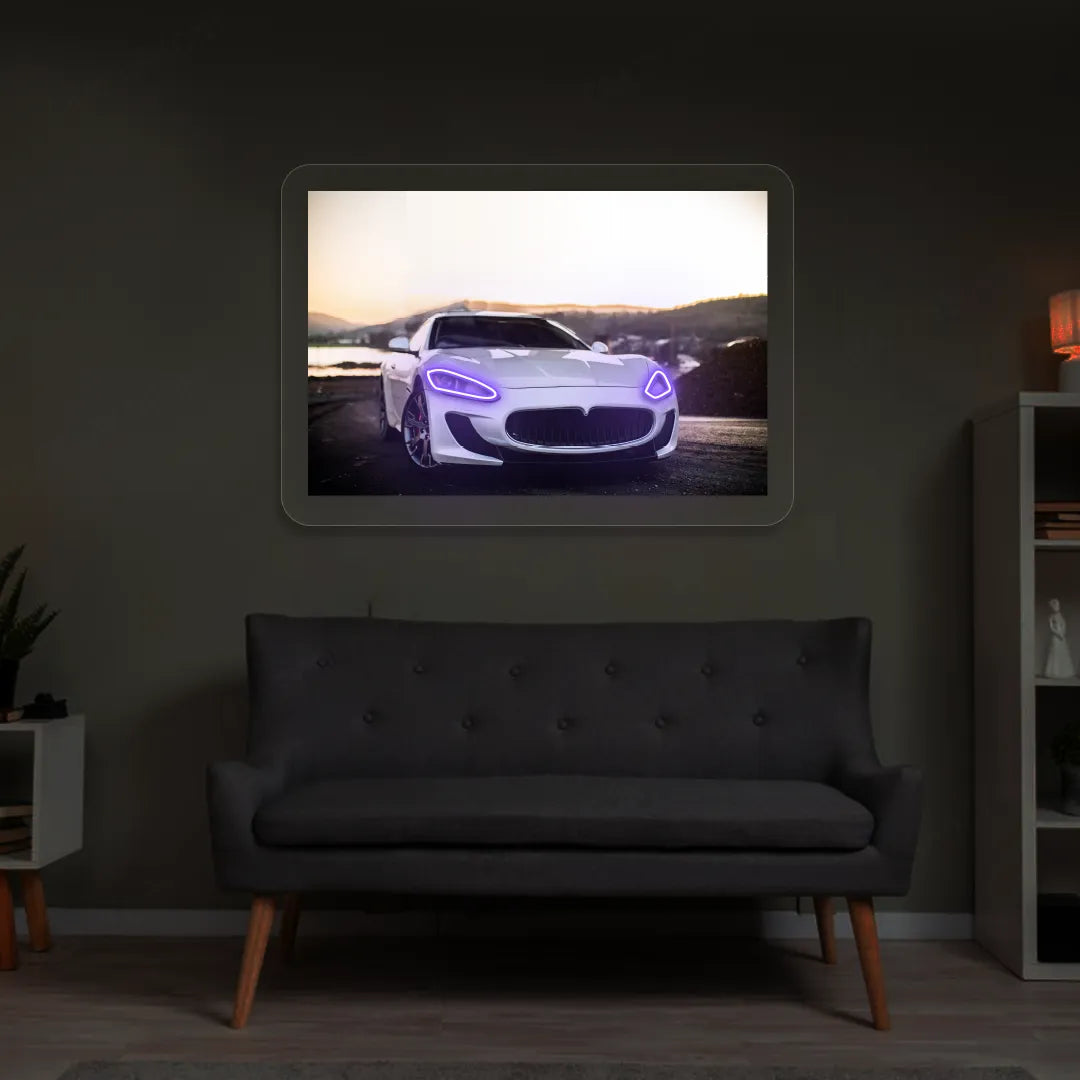 White Supercar Headlight Neon Artwork | Purple