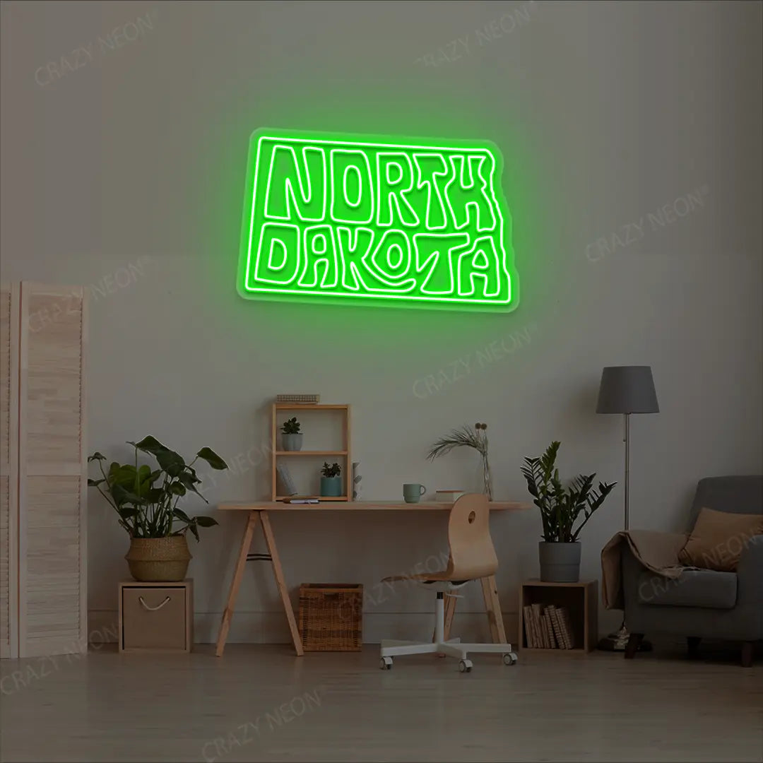 NORTH DAKOTA Map Neon Sign lighting up in green color in a room