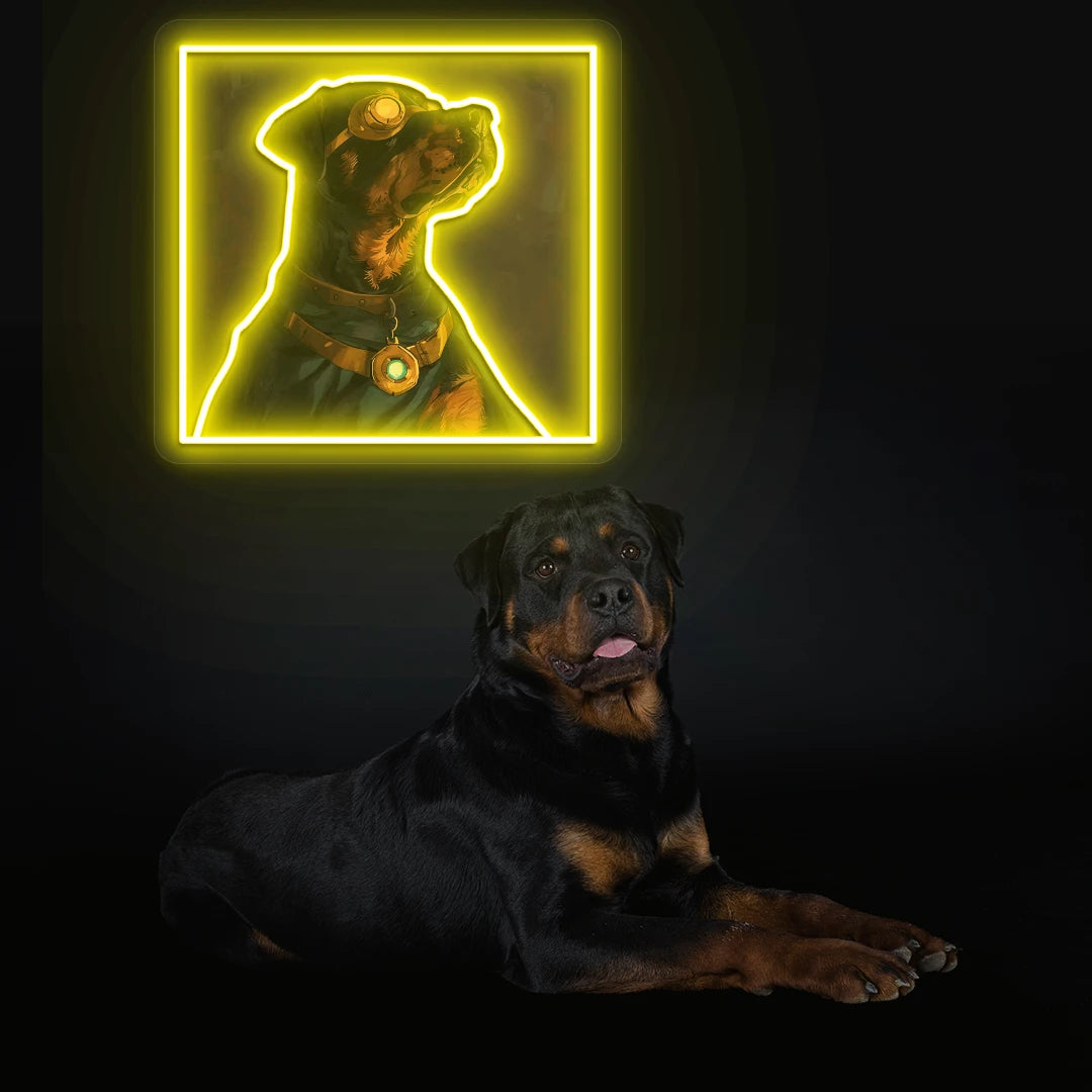 Steampunk Guardian Rottweiler Neon Artwork in yellow color