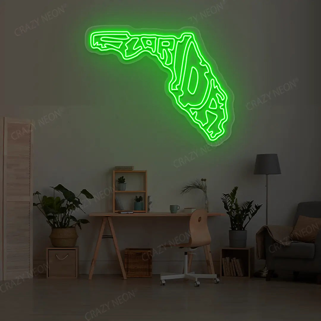 FLORIDA Map Neon Sign lighting up in green color in a room