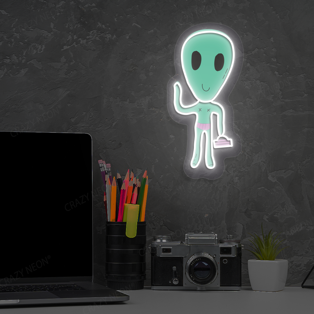 Alien Buddy Neon Artwork | White