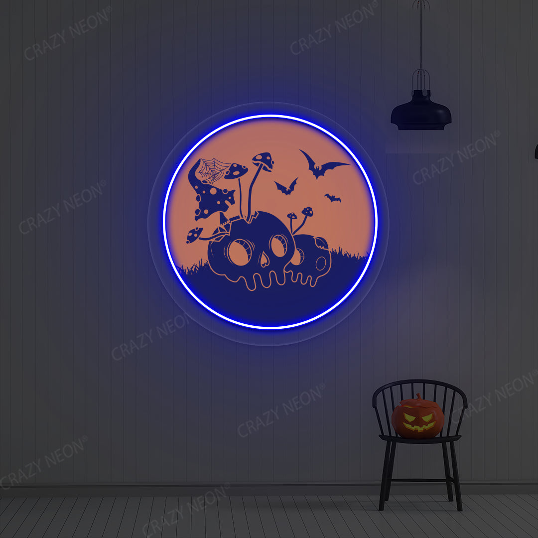 Haunted Mushroom Skulls Neon Artwork | Blue