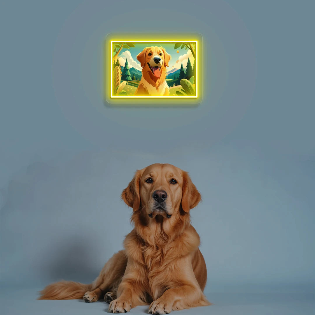 Mountain Trail Golden Retriever Portrait Neon Artwork in yellow color