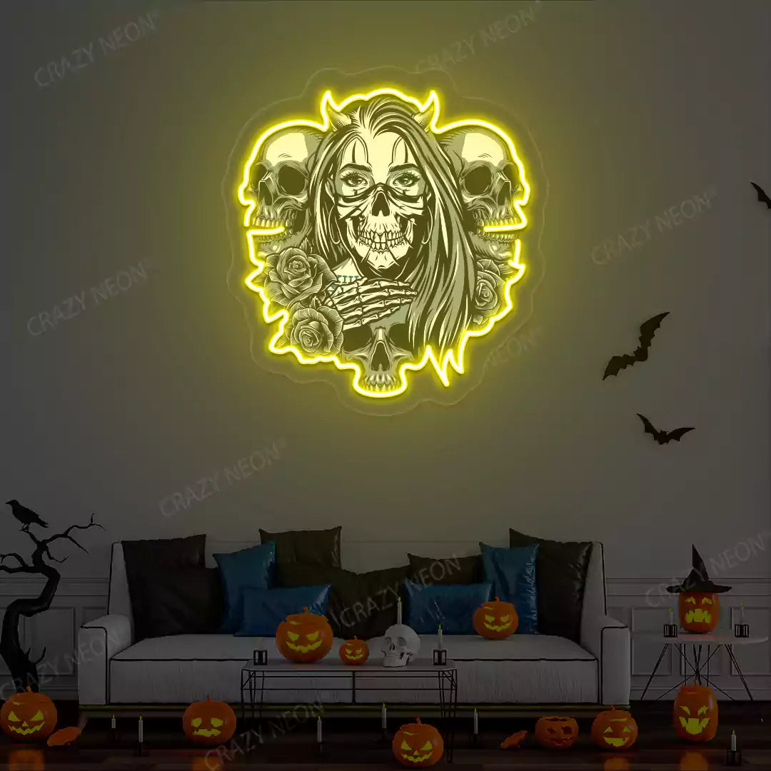 Gothic Skulls & Roses Neon Artwork | Yellow