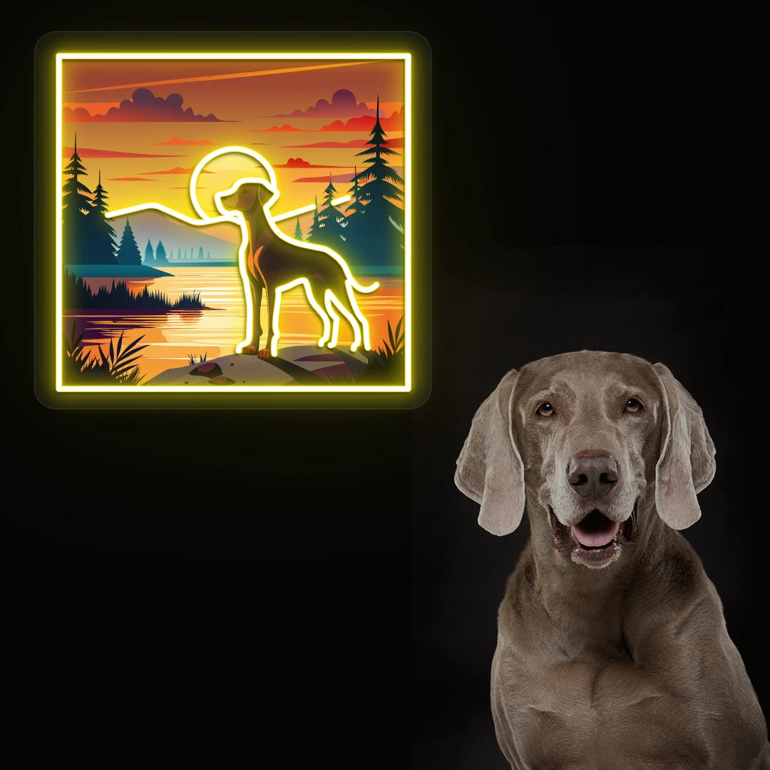 Sunset Lake Weimaraner Neon Artwork in yellow color