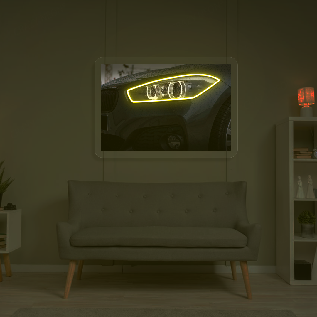 Black BMW Headlight Neon Artwork | Yellow