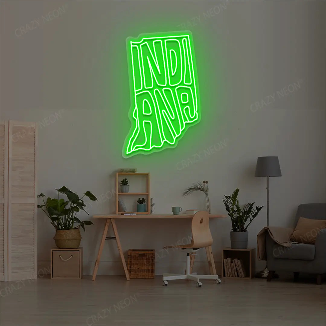INDIANA Map Neon Sign lighting up in green color in a room