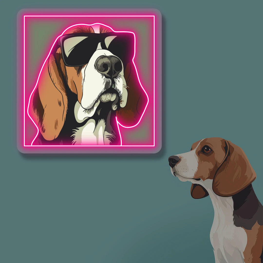 Cool Shades Beagle Portrait Neon Artwork in pink color