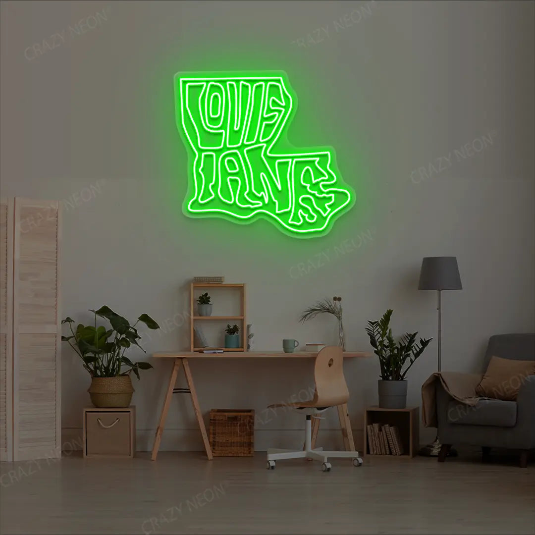 LOUISIANA Map Neon Sign lighting up in green color in a room