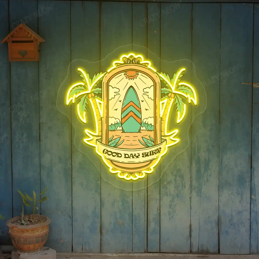 yellow good day surf beach neon artwork mounted on a wall