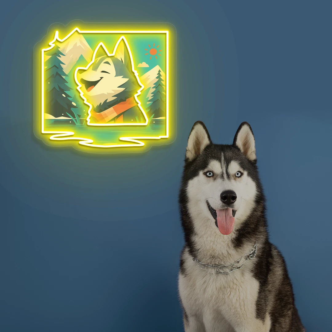 Alpine Lake Husky Portrait Neon Artwork in yellow color