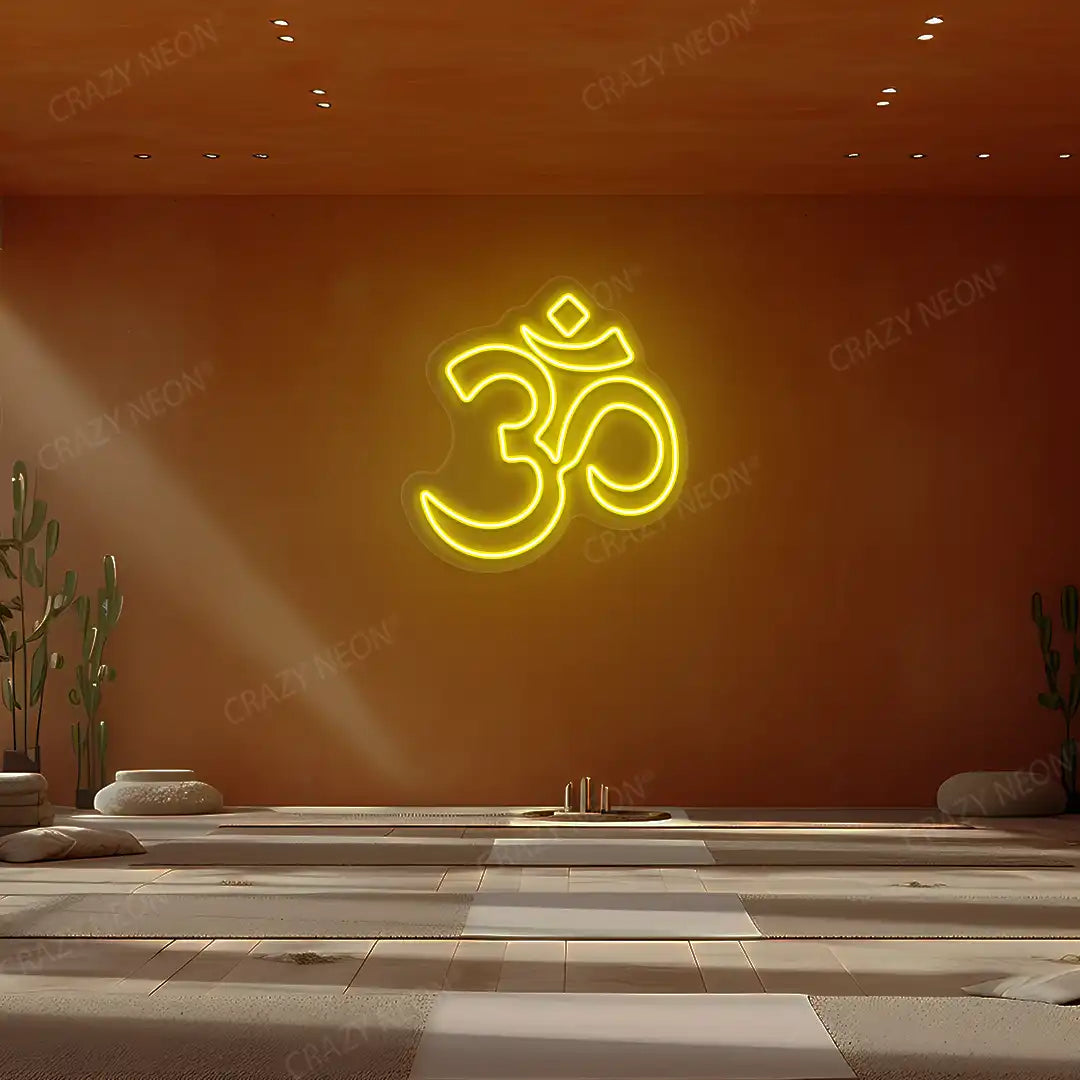Om Symbol Neon Sign lighting up in yellow color in a yoga room