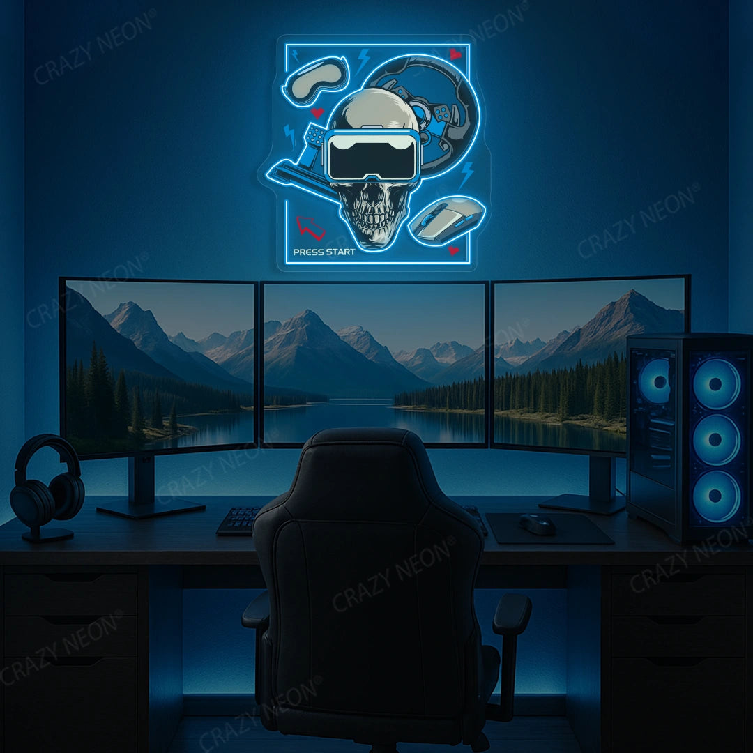 VR Skull Racer Gaming Neon Artwork in iceblue color